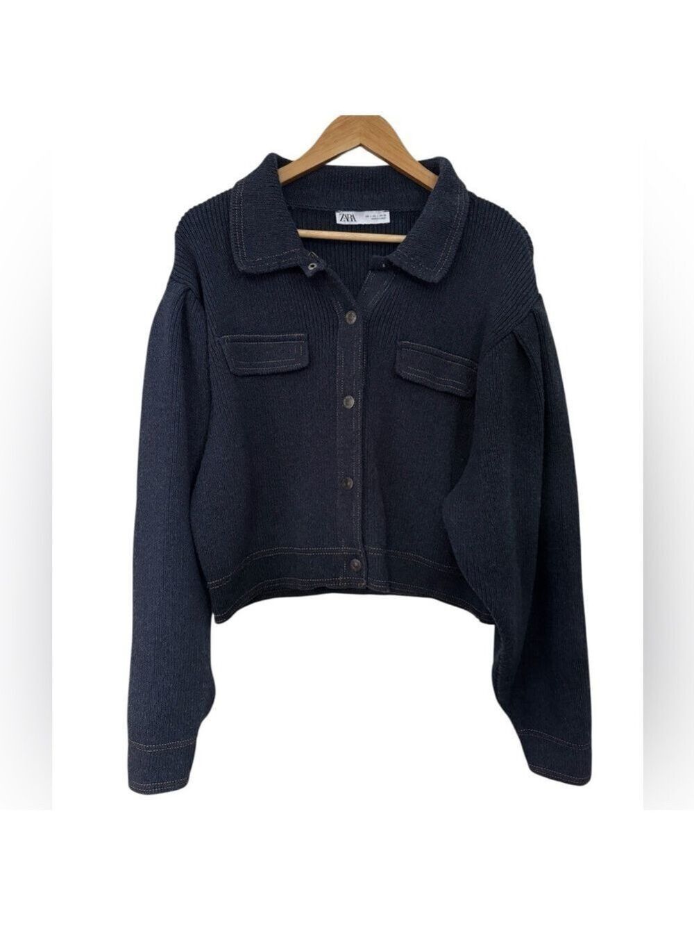 Zara Heavy Knit Cropped Jacket Navy Puff Sleeve Large